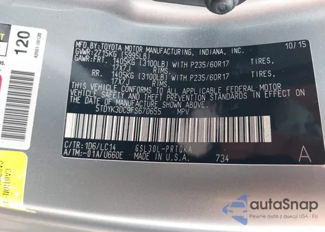 2015 Toyota Sienna Xle 8 Passenger z USA, uszkodzony, nr VIN 5TDYK3DC9FS670655